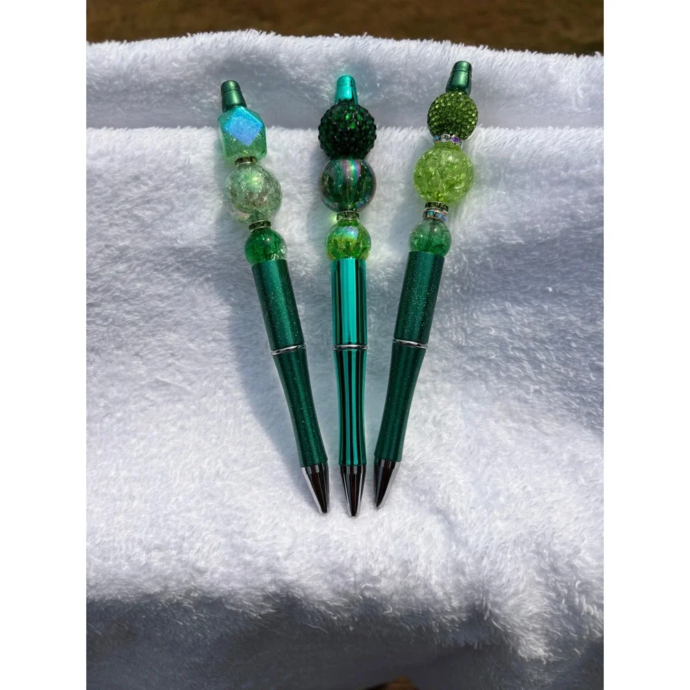 Handmade Green Beaded Ballpoint Pens Set of 3 Emerald Lime Crystal Stationery